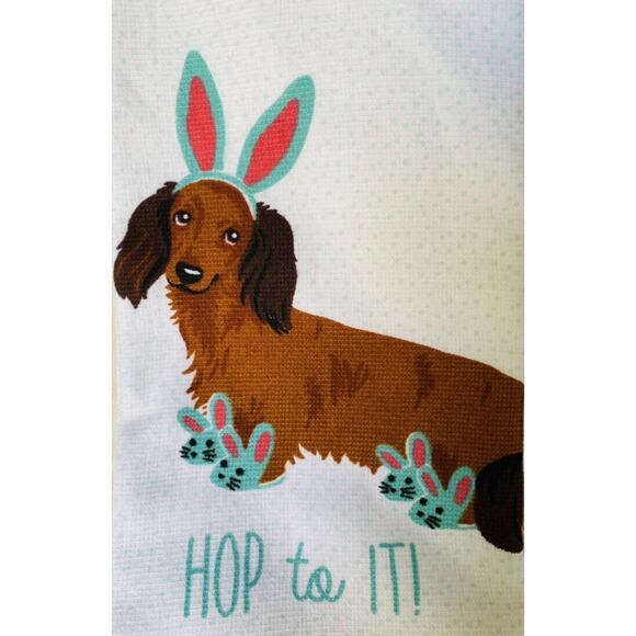 NWT Easter Bunny Dachshund Puppy Dog in Bunny Ears & Slippers Kitchen Towel Set - Picture 2 of 3